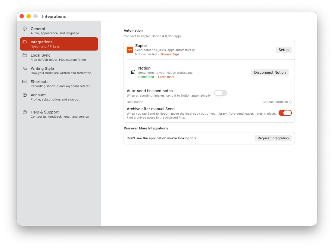 Cleft integrations settings showing Zapier, Notion, auto-send, archive, and request integration options.