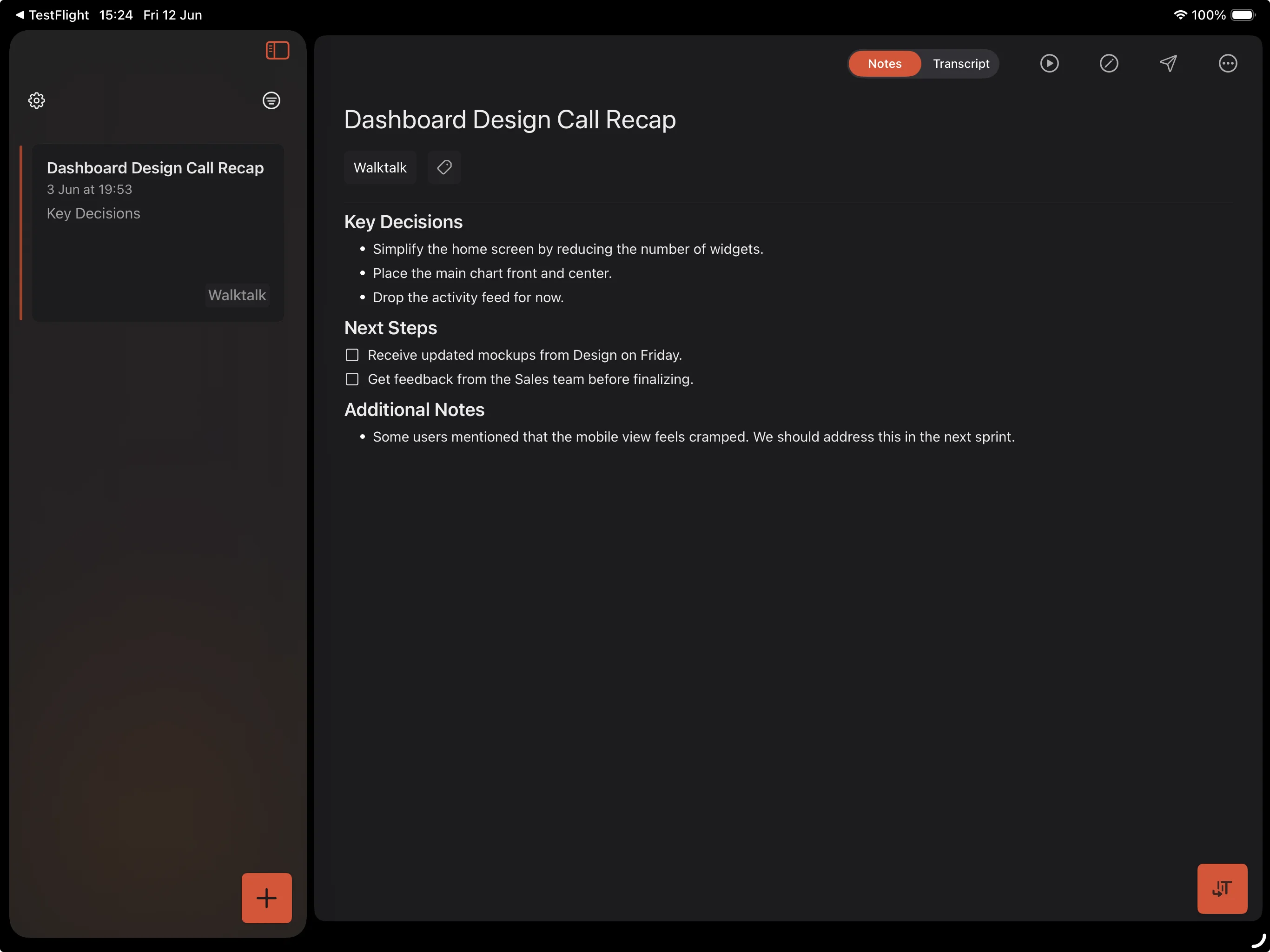 Cleft iPad app in landscape with the note list and note editor.