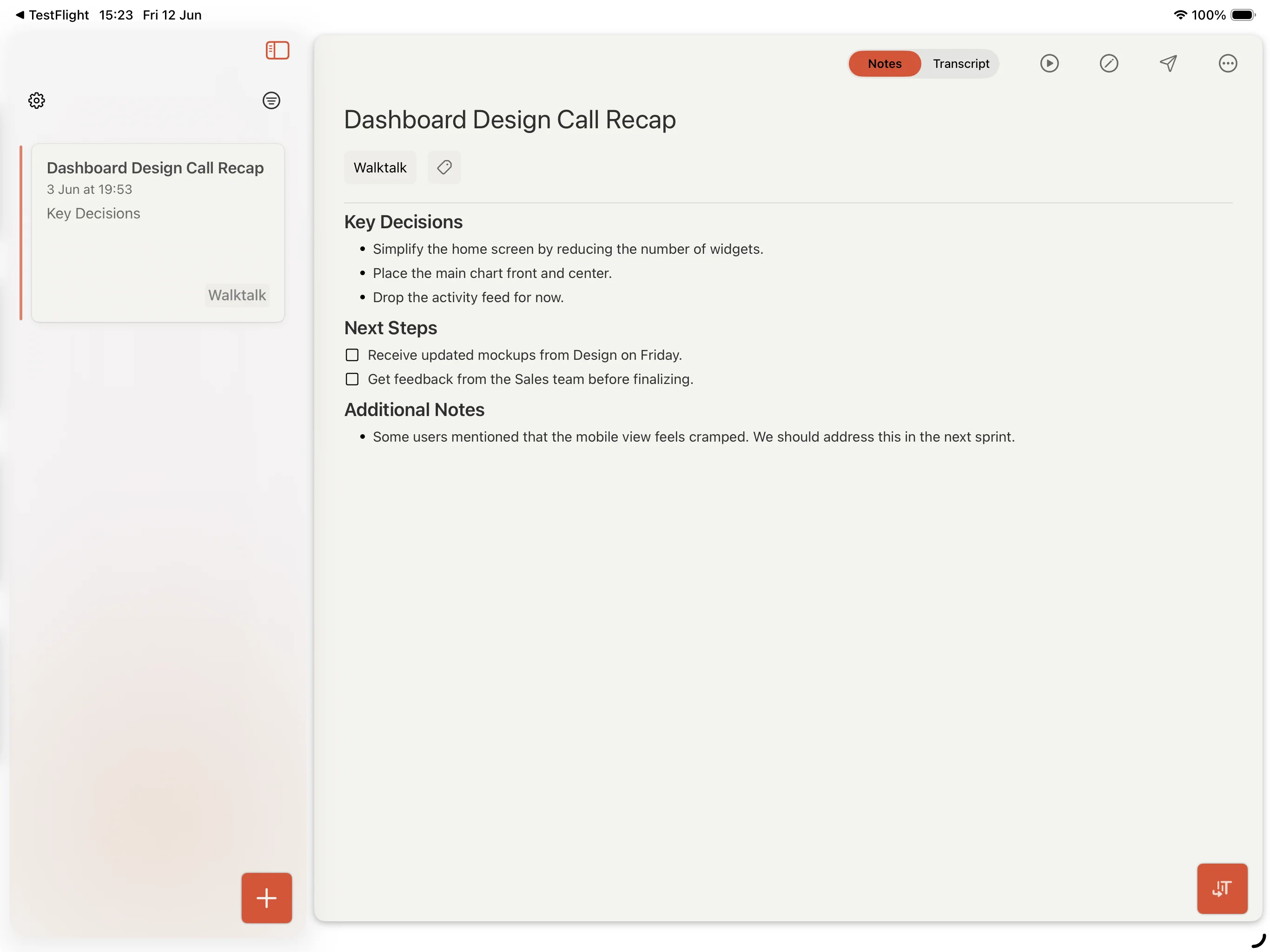 Cleft iPad app in landscape with the note list and note editor.