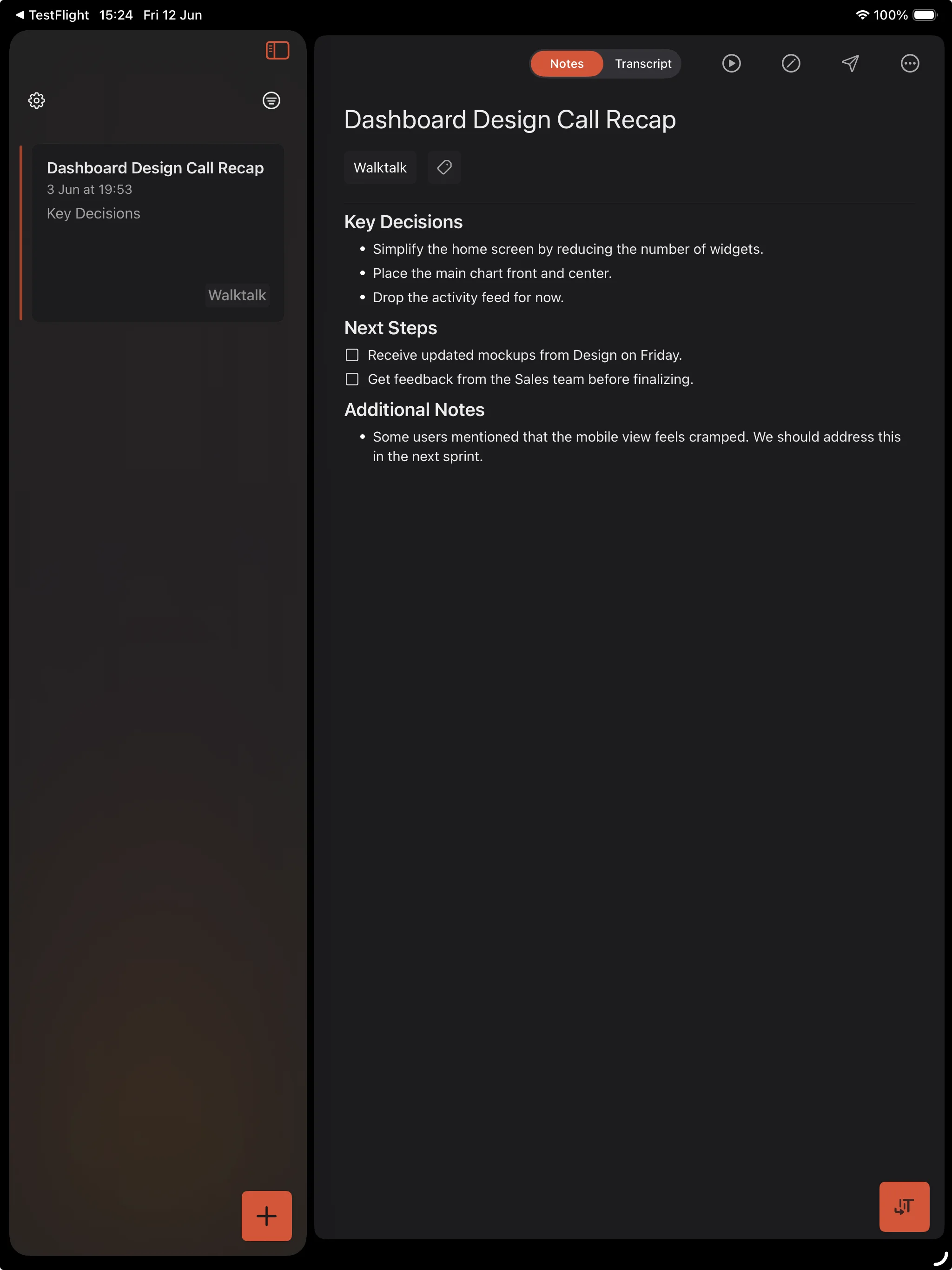 Cleft iPad app showing a note list and note editor.