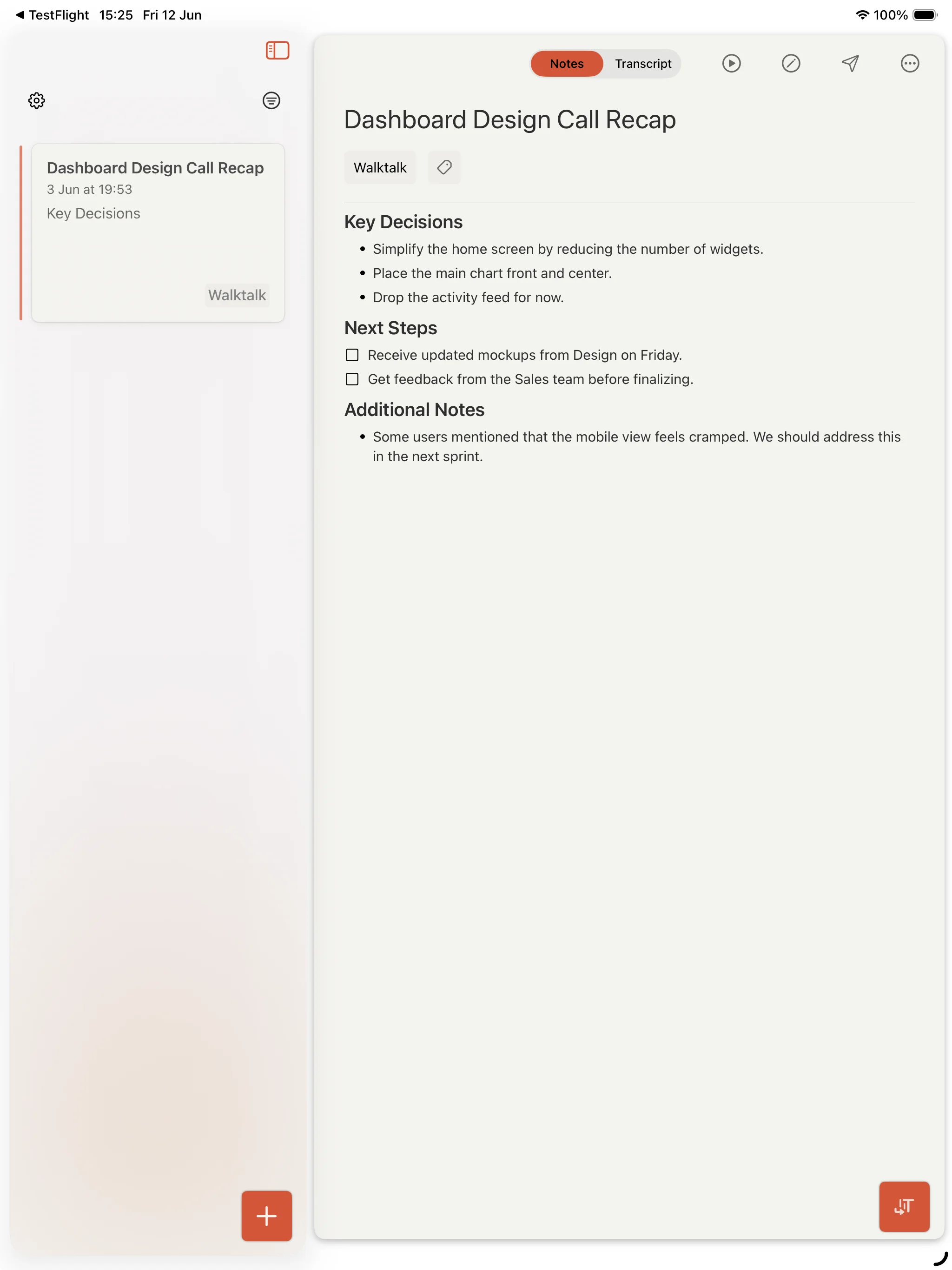 Cleft iPad app showing a note list and note editor.