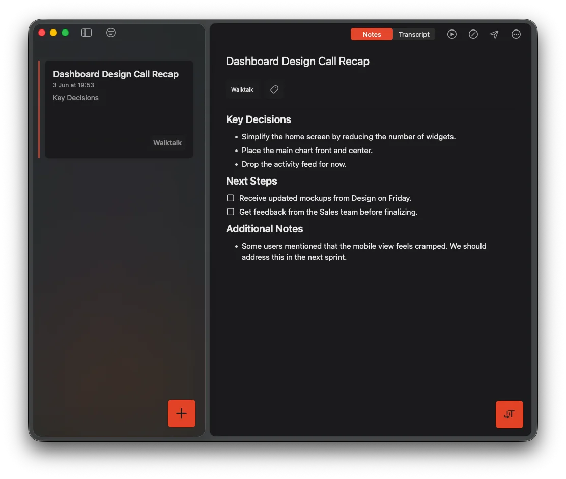 Cleft Mac app showing a native note list and note editor.
