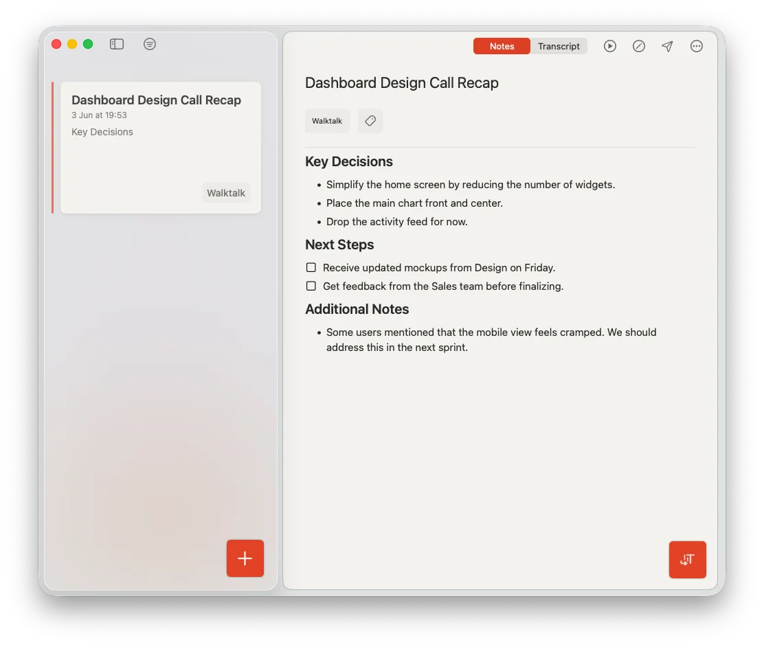 Cleft Mac app showing a native note list and note editor.