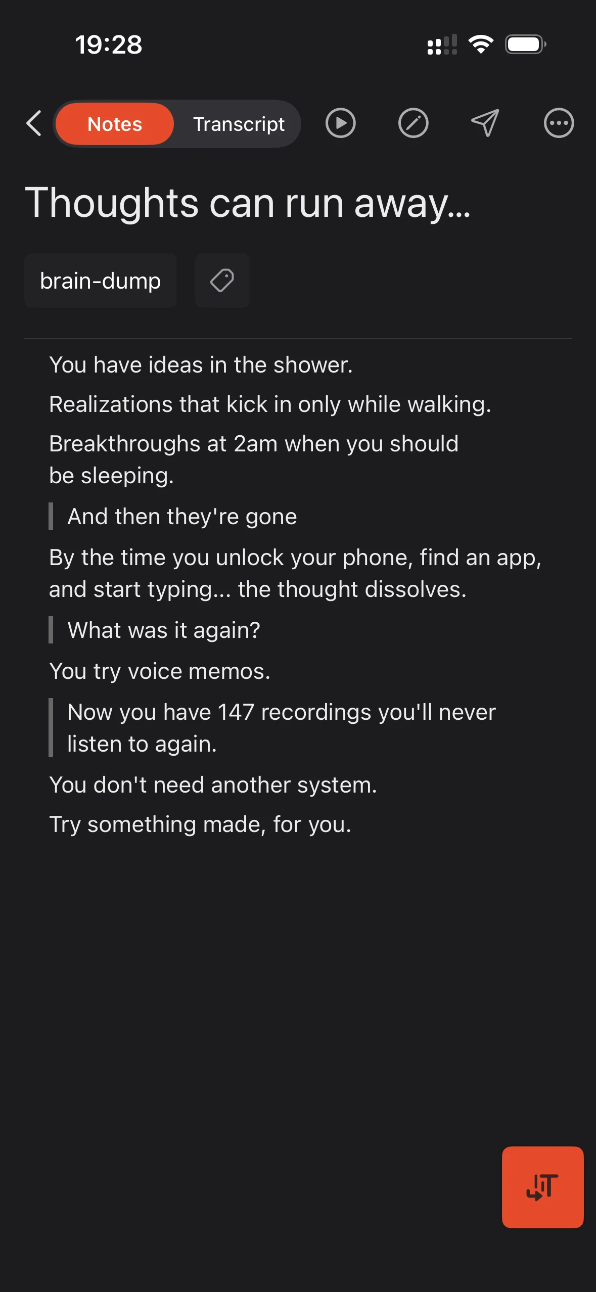 Cleft iPhone note titled “Thoughts can run away” capturing a fleeting idea before it vanishes.