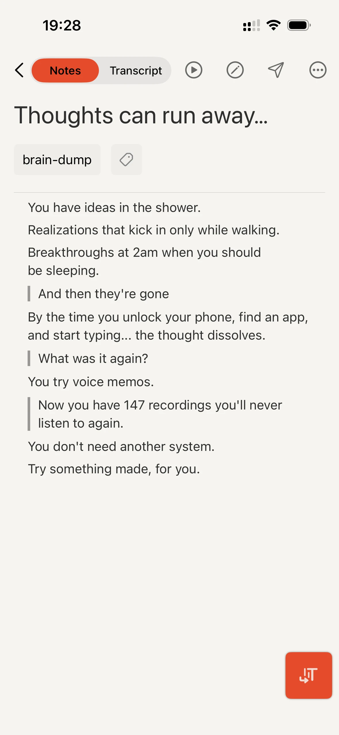 Cleft iPhone note titled “Thoughts can run away” capturing a fleeting idea before it vanishes.