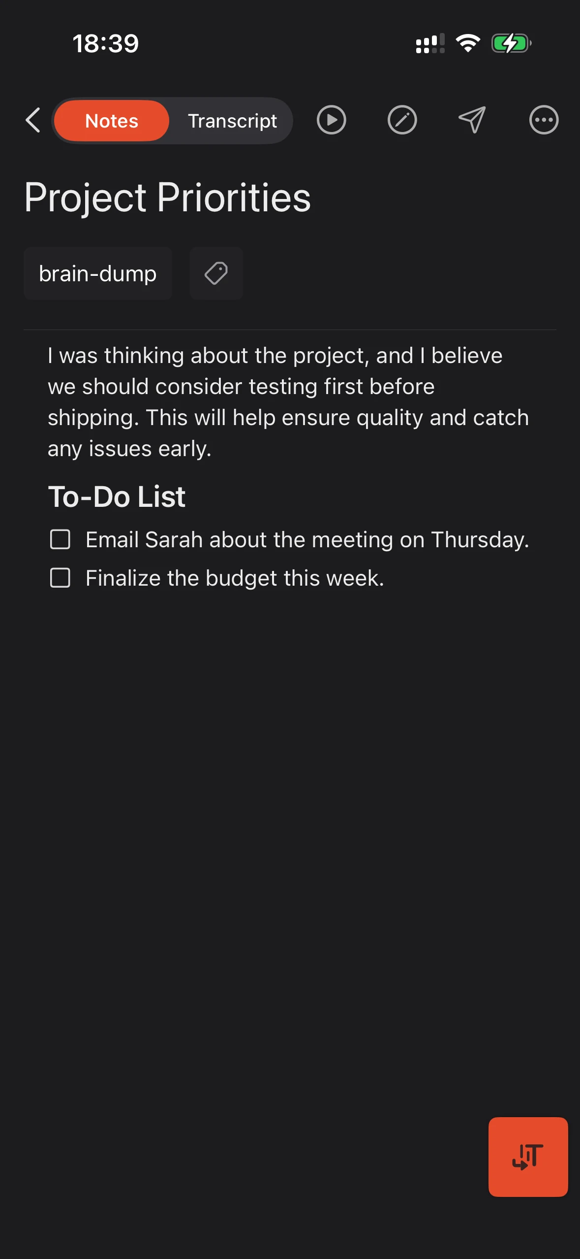 Cleft iPhone finished note with summary, actions, and transcript.