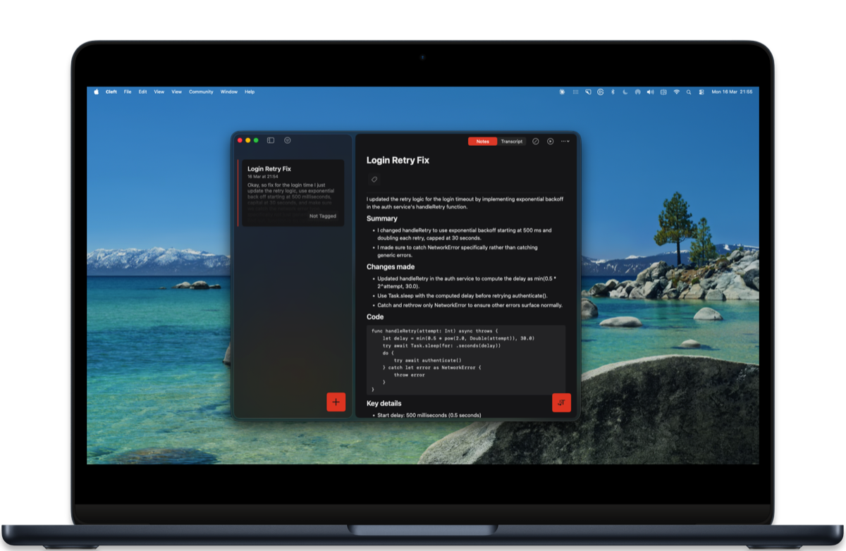 The Cleft note editor on macOS in dark mode, showing a meeting note with bold headings, paragraph body, and properly styled monospace code blocks.