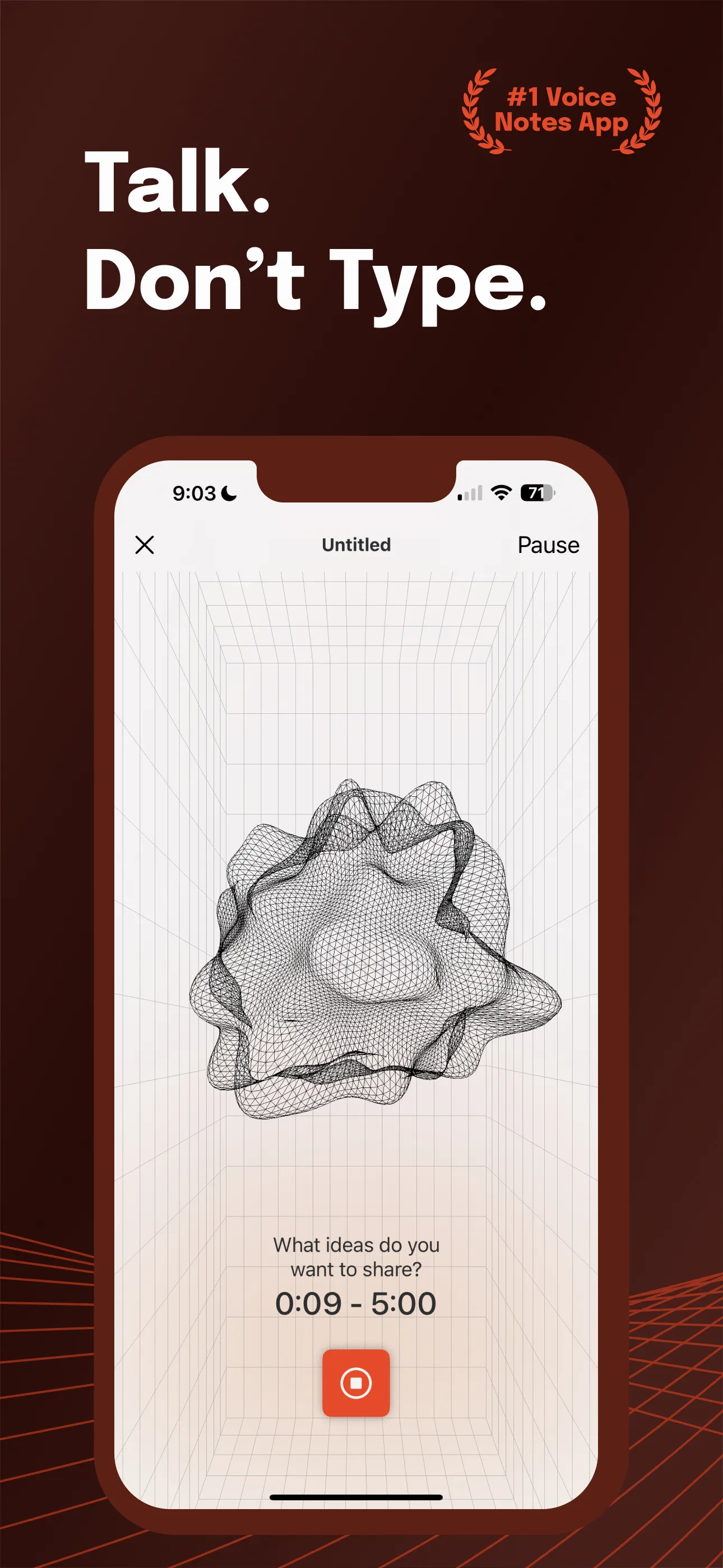 A smartphone screen showcasing the “Cleft: Voice Memos” app with a caption “Talk. Don’t Type.” The screen displays a timer and a prompt asking, “What ideas do you want to share?” A dynamic 3D wireframe-like shape appears in the center. A badge in the top corner states, “#1 Voice Notes App.”