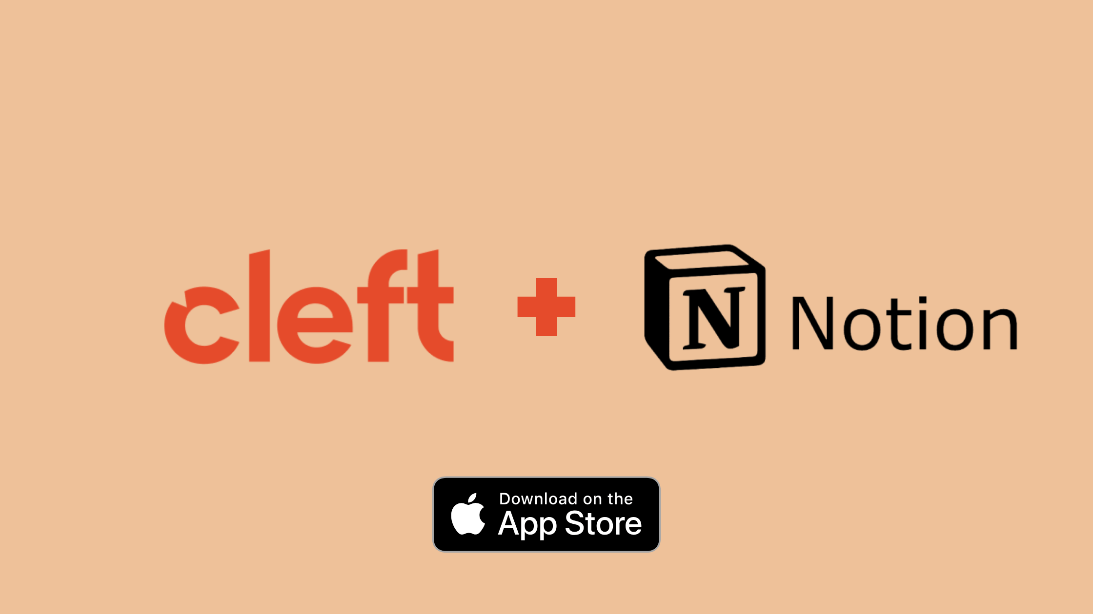 A promotional banner featuring the “Cleft: Voice Memos” app logo alongside the Notion logo, connected by a “+” symbol. The beige background includes a “Download on the App Store” badge.